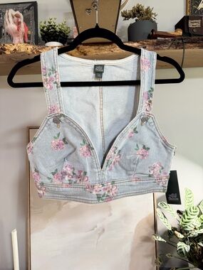 NWT Wild Fable Target Pink Floral Printed Denim Crop Top Side Zip